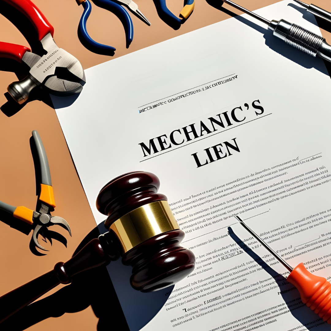Close-up of a legal document labeled 'Mechanic’s Lien' with a gavel and construction tools in the background.