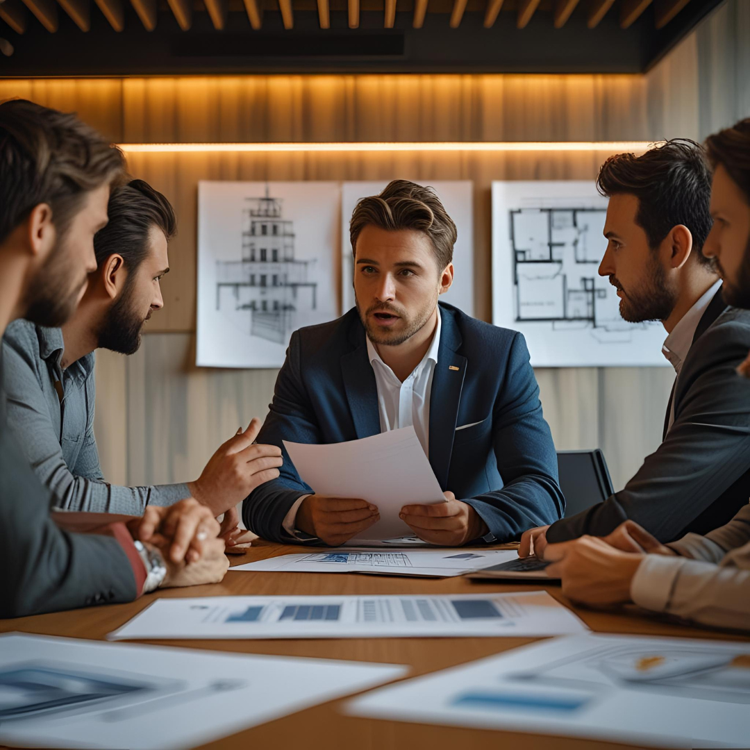 A contractor reviews blueprints on a construction site, emphasizing the importance of understanding contract clauses related to architectural approvals.
