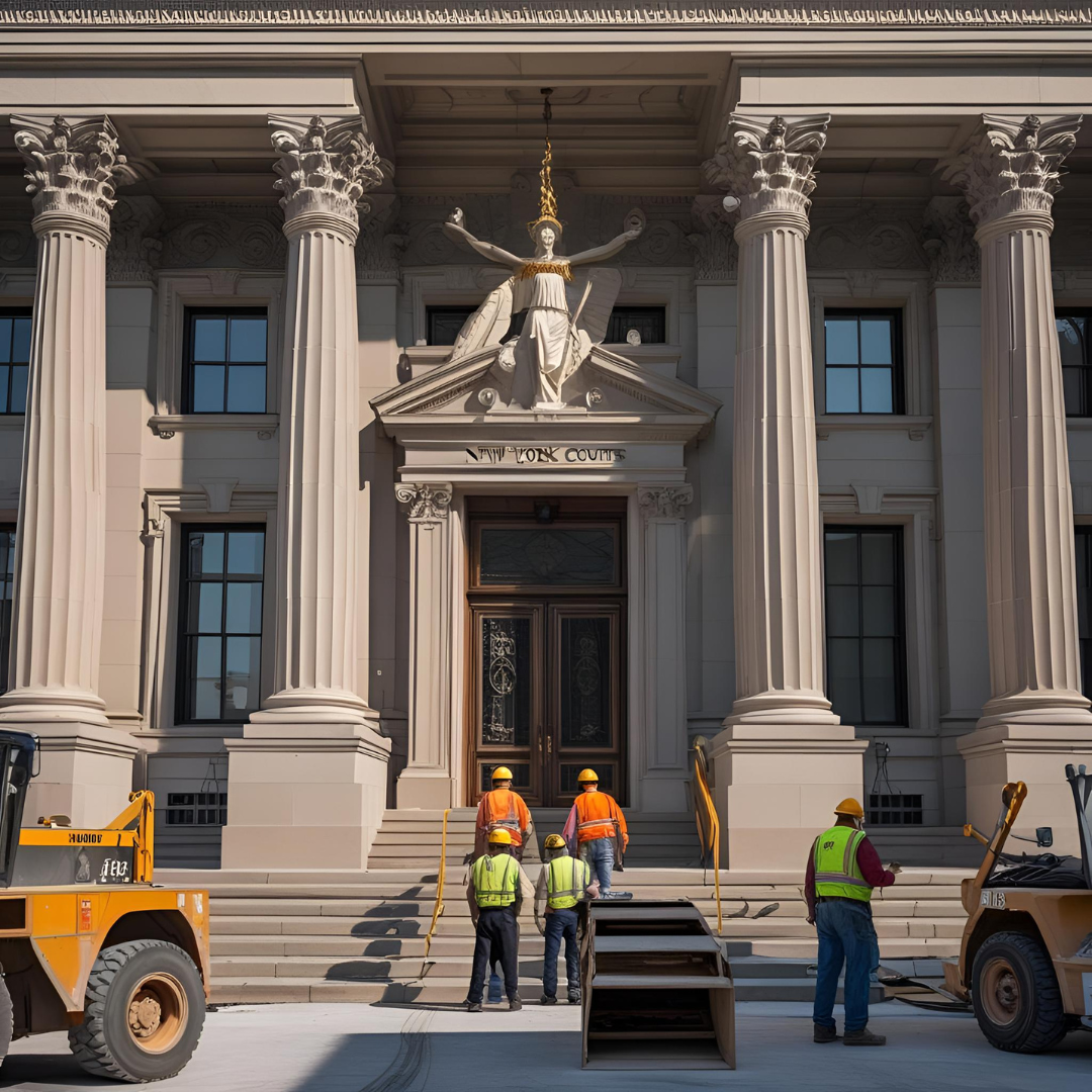 Court ruling concept with construction contracts, gavel, and scales of justice, highlighting “Pay When Paid” clauses and legal enforceability in New York.