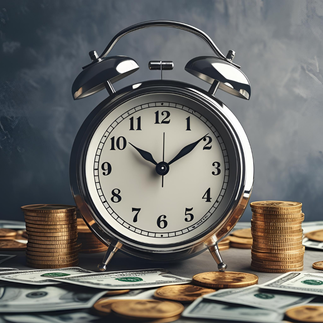 A wall calendar marked with red deadlines and a construction worker circling a date with urgency. Behind him, a clipboard shows "Mechanic’s Lien Timeline" while unpaid invoices stack up beside a stopwatch. The image reflects the race against time to file liens properly.